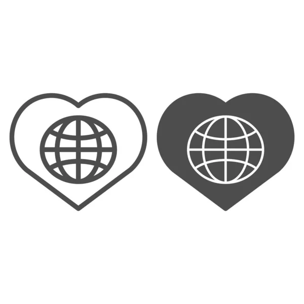 Globo nella linea del cuore e icona del glifo. Illustrazione vettoriale mondo amore isolato su bianco. Pianeta con design stile cuore contorno, progettato per il web e app. Eps 10 . — Vettoriale Stock