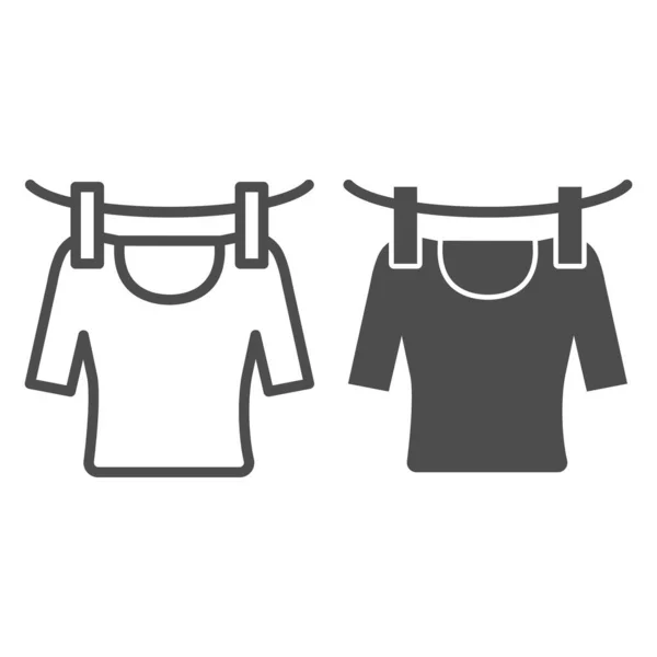 Maglietta sulla linea di corda e icona del glifo. Asciugatura tshirt vettoriale illustrazione isolata su bianco. Design in stile contorno lavanderia, progettato per web e app. Eps 10 . — Vettoriale Stock