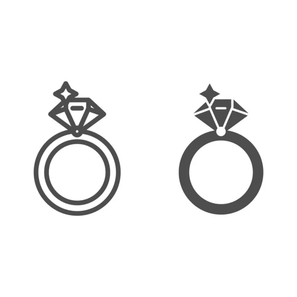 Linha de anel de diamante e ícone de glifo. Anel com ilustração vetorial gemstone isolado em branco. Jewel design estilo esboço, projetado para web e app. Eps 10 . — Vetor de Stock