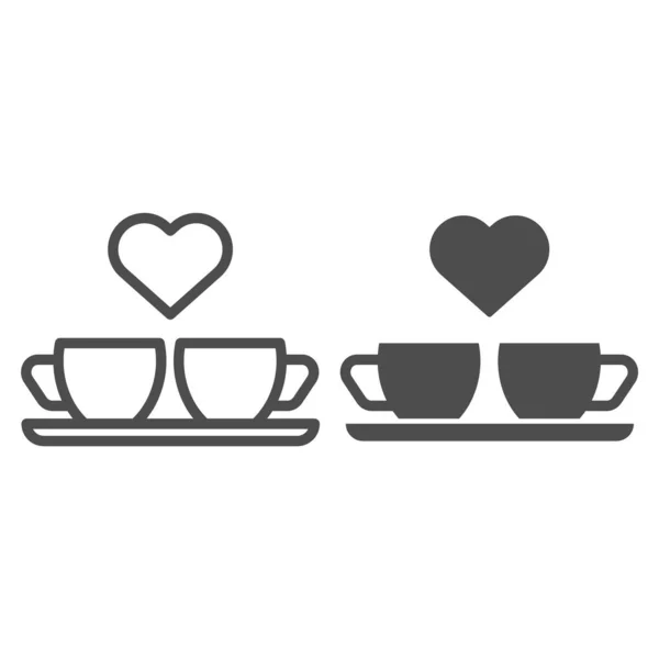 Corazón y dos tazas de café línea e icono de glifo. Dos tazas e ilustración de vectores cardíacos aislados en blanco. Diseño de estilo de esquema de bebida romántica, diseñado para web y aplicación. Eps 10 . — Archivo Imágenes Vectoriales