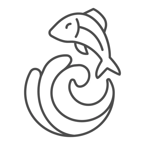 Onda con pesce icona linea sottile. Illustrazione vettoriale di pesca isolata su bianco. Fish in the sea design in stile contorno, progettato per il web e app. Eps 10 . — Vettoriale Stock