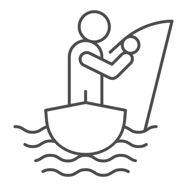 Fischer auf dem Boot dünne Linie Symbol. Fischer mit Angelrute Vektor Illustration isoliert auf weiß. Man Angeln umreißt Stil-Design, für Web und App konzipiert. Eps 10. — Stockvektor