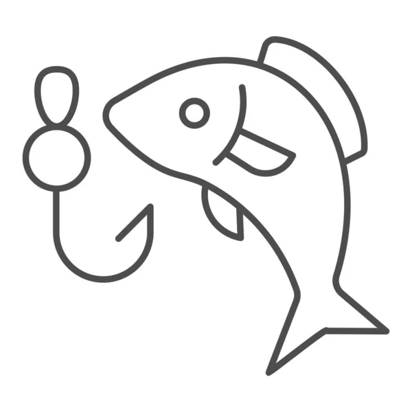 Peixe e gancho de pesca ícone linha fina. Ilustração vetorial de peixes e iscas isolada em branco. Angling design estilo esboço, projetado para web e app. Eps 10 . — Vetor de Stock