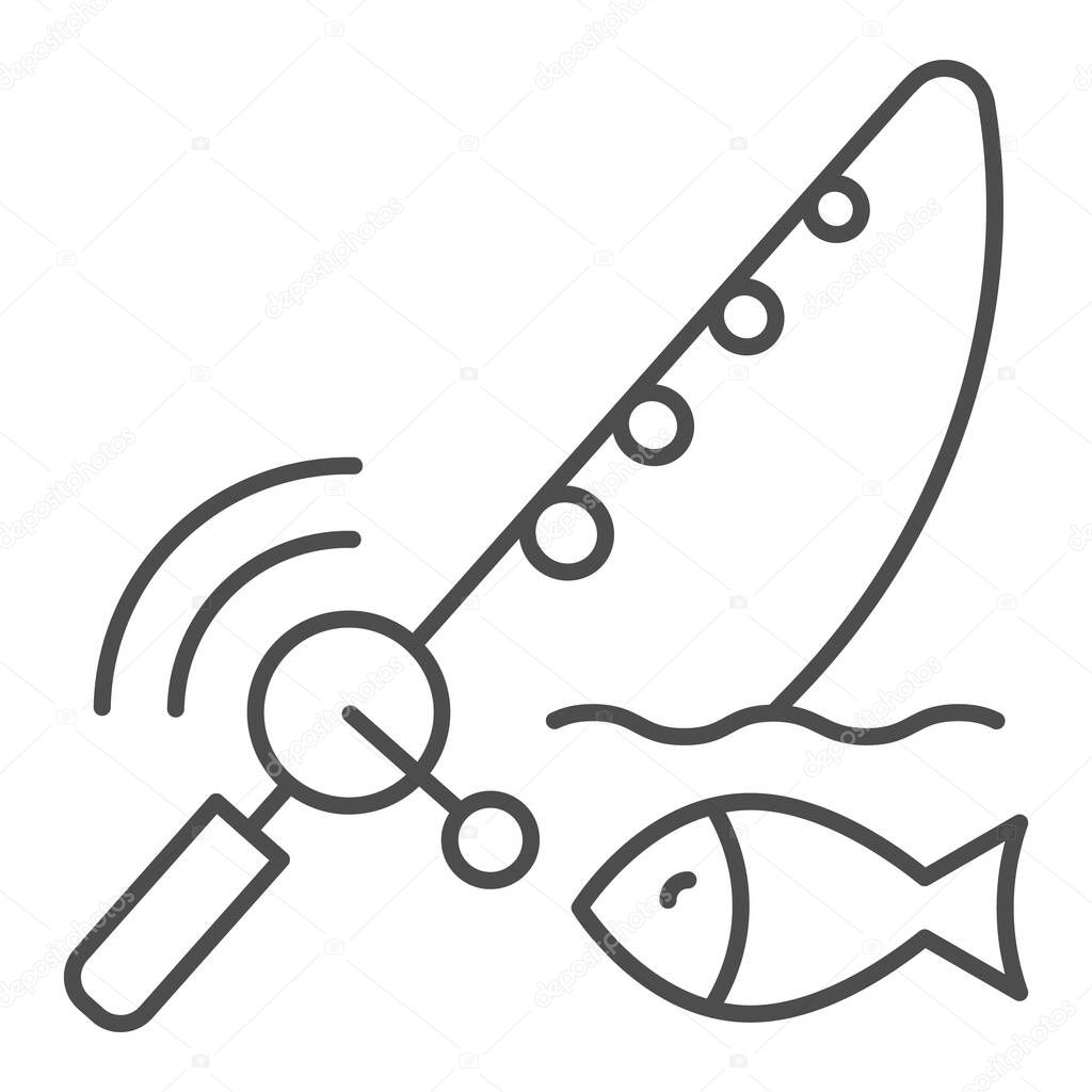 Spinning fish thin line icon. Fish with bait vector illustration isolated on white. Fish and fishing pole outline style design, designed for web and app. Eps 10
