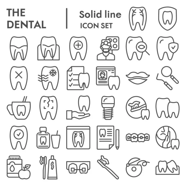 Tandheelkundige lijn pictogram set, tandheelkunde apparatuur symbolen collectie, vector schetsen, logo illustraties, mondhygiëne borden lineaire pictogrammen pakket geïsoleerd op witte achtergrond, 10 slaapplaatsen. — Stockvector