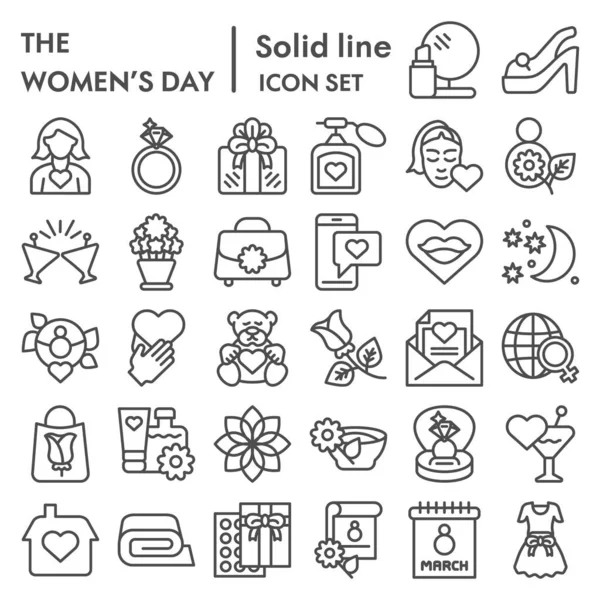 Vrouwen daglijn pictogram set, internationale vrouwen vakantie symbolen collectie, vector schetsen, logo illustraties, 8 maart tekens lineaire pictogrammen pakket geïsoleerd op witte achtergrond, voor 10 personen. — Stockvector