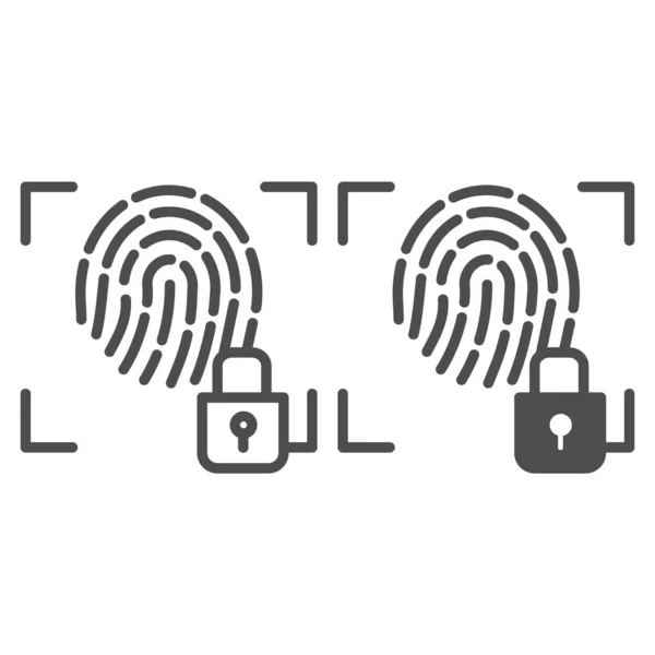 指紋とロックラインとグリフアイコン。指紋識別ロックベクトルイラストは白で隔離されました。Webおよびアプリ用に設計された認可アウトラインスタイルデザイン。Eps 10. — ストックベクタ