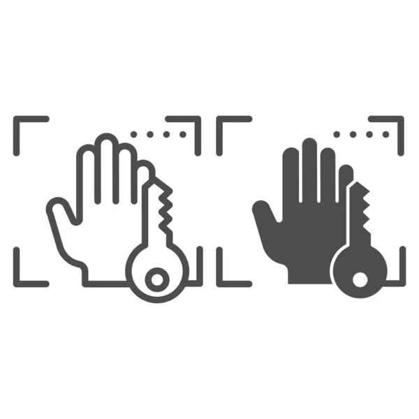 Biometrisches Handscannen und Schlüsselzeilen- und Glyphen-Symbol. Die Darstellung der Palmprint-Identifikationsvektoren ist auf weiß isoliert. Handbiometrischer Scan umreißt das Stildesign, das für Web und App entwickelt wurde. Eps 10. — Stockvektor