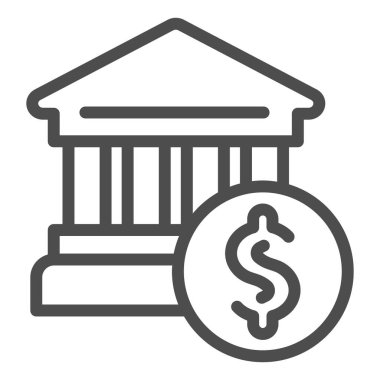 Banka inşa çizgisi simgesi. Banka ve dolar vektör illüstrasyonu beyaza izole edildi. Mimari tasarım tasarımı, web ve uygulama için tasarlandı. Eps 10.