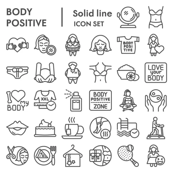 Body positieve lijn pictogram set, overgewicht symbolen collectie, vector schetsen, logo illustraties, figuur tekens lineaire pictogrammen pakket geïsoleerd op witte achtergrond, eps 10. — Stockvector