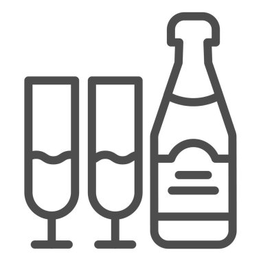 Şampanya şişesi ve gözlük çizgisi ikonu. Beyaz üzerine izole edilmiş vektör illüstrasyonu iç. Alkol tasarımı, web ve uygulama için tasarlanmış. Eps 10.