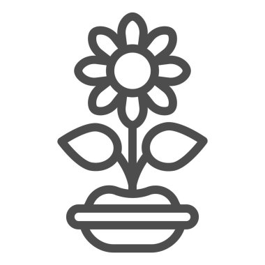 Saksı çizgisi simgesinde çiçek. Bitki vektör çizimi beyaza izole edildi. Çiçek saksısı tasarımı, web ve uygulama için tasarlandı. Eps 10.