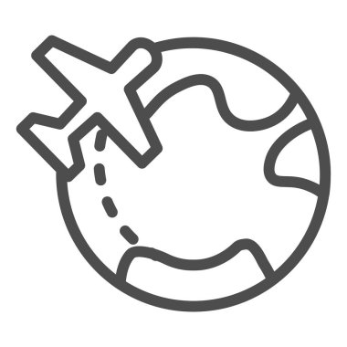 Uçak ve dünya çizgisi ikonu. Seyahat vektörü çizimi beyaza izole edildi. Web ve uygulama için tasarlanmış seyahat çizgisi tasarımı. Eps 10.