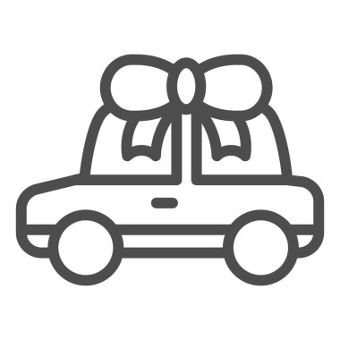 Araba hediye hattı ikonu. Otomobil ödüllü vektör çizimi beyaza izole edildi. Web ve uygulama için tasarlanmış, yay çizgili tasarımı olan bir otomobil. Eps 10.