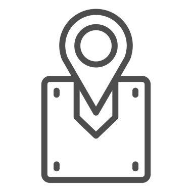 Paket konumu simgesi. Kargo konumu vektör çizimi beyaza izole edildi. Web ve uygulama için tasarlanmış kutu ana hatlı stil tasarımlı harita iğnesi. Eps 10.