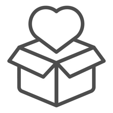 Kalp çizgisi ikonlu karton kutu. Paket ve kalp vektör çizimi beyaza izole edildi. Web ve uygulama için tasarlanmış mevcut tasarım tasarımı. Eps 10.