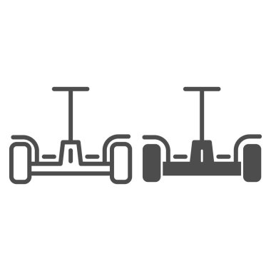 Uçan kaykay hattı ve katı ikon, yenilikçi ulaşım sembolü, beyaz arka planda kendini dengeleyen scooter vektör işareti, hareketli tasarım ve tasarım tarzında Gyroscooter simgesi. Vektör grafikleri.