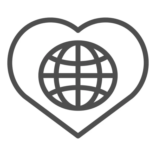 Globo nell'icona della linea del cuore. Illustrazione vettoriale mondo amore isolato su bianco. Pianeta con design stile cuore contorno, progettato per il web e app. Eps 10 . — Vettoriale Stock