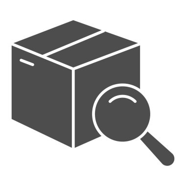 Büyüteç simgesi, teslimat ve lojistik sembolü olan kutu beyaz arka planda paket takip vektör işareti, sembol olarak büyüteç simgesinin altında karton. Vektör grafikleri.