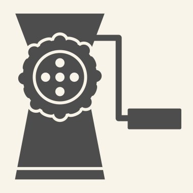 Kıyma makinesi simgesi. Elle kıyma sembolü, bej arka planda glifli resim. Mobil konsept ve web tasarımı için eski kıyma makinesi tabelası. Vektör grafikleri.