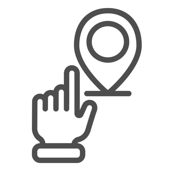 Mano apuntando icono de línea de ubicación. Mano con mapa pin vector ilustración aislada en blanco. Diseño de estilo de esquema de navegación, diseñado para la web y la aplicación. Eps 10 . — Vector de stock