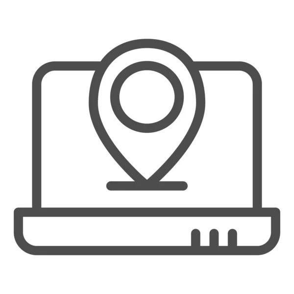 Ubicación icono de línea portátil. Cuaderno con ilustración vectorial de pin aislado en blanco. Diseño de estilo de contorno de ubicación de la computadora, diseñado para web y aplicación. Eps 10 . — Vector de stock