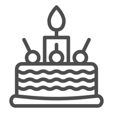 Doğum günü pastası ikonu. Beyaz üzerine izole edilmiş tatlı vektör çizimi. Web ve uygulama için tasarlanmış kiraz rengi ana hatlı kek. Eps 10.