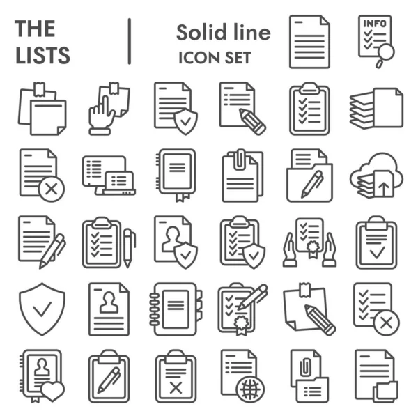 Lijsten lijn pictogram set, documenten symbolen collectie, vector schetsen, logo illustraties, papieren borden lineaire pictogrammen pakket geïsoleerd op witte achtergrond, eps 10. — Stockvector