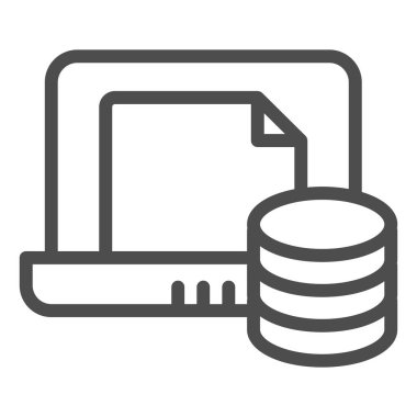 Dizüstü bilgisayar satırı simgesinde dosya depolama. Not defteri vektör illüstrasyonunun kağıt arşivi beyaza izole edildi. Web ve uygulama için tasarlanmış bilgisayar ana hatlı tasarım belgeleri. Eps 10.