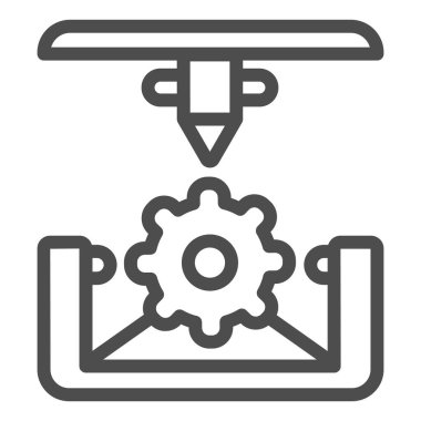 Çarklı 3D baskı çizgisi simgesi. 3d yazdırma mekaniği vektör çizimi beyaza izole edildi. Gear 3d yazdırma süreci ana hatlı tasarım, web ve uygulama için tasarlandı. Eps 10.