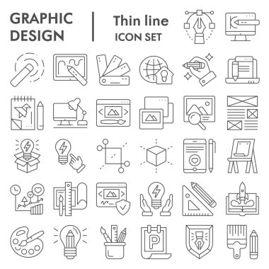 Grafiksel tasarım ince çizgi simgesi seti, sanat araçları sembolleri koleksiyonu, vektör çizimleri, logo illüstrasyonları, ekipman işaretleri çizim beyaz arkaplanda izole edilmiş doğrusal piktogram paketi, ep 10.