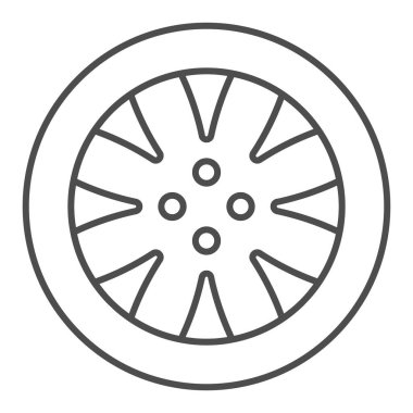 İnce çizgi ikonu. Otomobil tekerleği çizimi beyaza izole edildi. Araba parçası tasarımı, web ve uygulama için tasarlanmış. Eps 10.