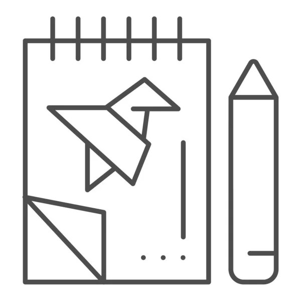 Notebook com projeto e lápis ícone de linha fina. Bloco de notas com ilustração vetorial de aves desenhadas isolado sobre branco. Sketchbook design estilo esboço, projetado para web e app. Eps 10 . —  Vetores de Stock