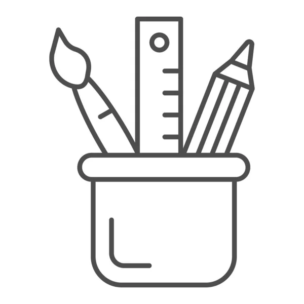 Stationery tynd linje ikon. Tegning værktøjer i kop vektor illustration isoleret på hvid. Blyant, pensel og lineal skitse stil design, designet til web og app. Eps 10 . – Stock-vektor