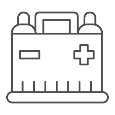 Araba aküsü ince çizgi ikonu. Otomatik alkali vektör çizimi beyaza izole edildi. Otomobil akümülatörü tasarımı, web ve uygulama için tasarlanmıştır. Eps 10.