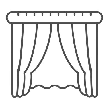 Pencere perdeleri ince çizgi simgesi. Ev içi vektör illüstrasyonu beyaza izole edildi. Web ve uygulama için tasarlanmış pencere dekorasyonu tasarımı. Eps 10.