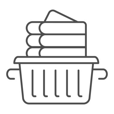 Katlanmış keten ince çizgi simgesi. Sepet vektör illüstrasyonundaki çamaşırhane kıyafetleri beyaza izole edilmiş. Katlanmış havlular web ve uygulama için tasarlanmış tasarım tasarımı. Eps 10.