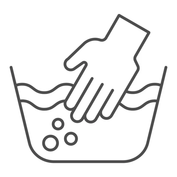 Πλύσιμο στο χέρι των ρούχων λεπτή γραμμή εικονίδιο. Τα χέρια στην διανυσματική απεικόνιση λεκάνης απομονώνονται στο λευκό. Πλυντήρια ετικέτα περίγραμμα στυλ σχεδιασμού, σχεδιασμένο για web και app. Eps 10. — Διανυσματικό Αρχείο