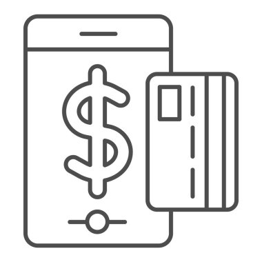 Mobil ödeme ince çizgi simgesi. Akıllı telefon ve kredi kartı çizimi beyaza izole edildi. Mobil ödeme hizmeti tasarımı, web ve uygulama için tasarlanmış. Eps 10.
