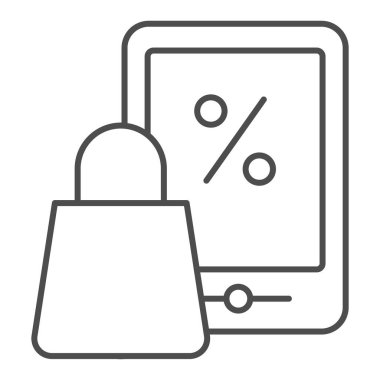 Tablet ve alışveriş çantası ince çizgi simgesi. Tablet vektör illüstrasyonunda çevrimiçi alışveriş beyaza izole edildi. Tablet mağazası çevrimiçi tasarım tasarımı, web ve uygulama için tasarlandı. Eps 10.