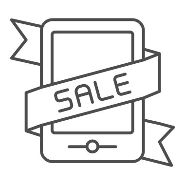 Akıllı telefon çevrimiçi satışları ince çizgi simgesi. Çevrimiçi indirimli vektör illüstrasyonu beyazda izole edildi. Mobil alışveriş tasarımı, web ve uygulama için tasarlanmış. Eps 10.
