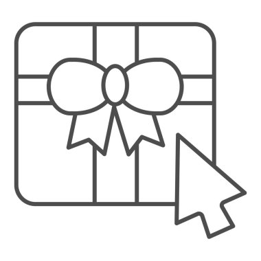 İmleç ince çizgi simgesi olan hediye kutusu. Çevrimiçi alışveriş vektörü illüstrasyonu beyazda izole edildi. Web ve uygulama için tasarlanmış ok işaretleyici tasarımı olan mevcut kutu. Eps 10.