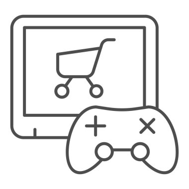 Video oyunu ince çizgi simgesi satın aldı. Oyun konsolu ve alışveriş arabası çizimi beyaza izole edildi. Oyun denetleyici ve troleybüs tasarımı, web ve uygulama için tasarlandı. Eps 10.