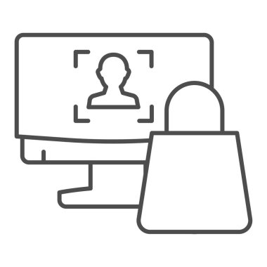 Bilgisayar alışverişi ince çizgi simgesi. Alışveriş poşeti vektör illüstrasyonlu monitör beyaza izole edildi. Çevrimiçi mağaza tasarımı, web ve uygulama için tasarlanmış. Eps 10.