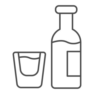 Alkol ve ince çizgi ikonu. Beyaz üzerine izole edilmiş şişe ve cam vektör çizimi. İçecek tasarımı tasarımı, web ve uygulama için tasarlandı. Eps 10.