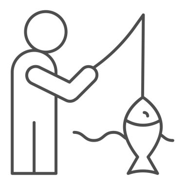 Balıkçı ve ince çizgi ikonu yakala. Nehir vektör illüstrasyonunda balık avı beyazda izole edildi. Ağ ve uygulama için tasarlanmış balık tasarımı tasarımı olan bir adam. Eps 10.