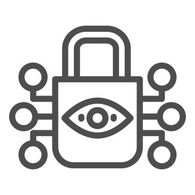 Retina taraması kilit hattı simgesi. Göz tanımlama ve asma kilit vektör çizimi beyaza izole edildi. Retina biyometrik tarama tasarımı, web ve uygulama için tasarlandı. Eps 10.