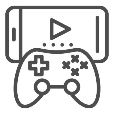 Joystick ve cep telefonu hattı simgesi. Taşınabilir oyunlar vektör illüstrasyonu beyazda izole edildi. Web ve uygulama için tasarlanmış, gamepad ana hatlı mobil oyunlar. Eps 10.