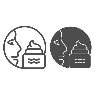 Yüz, krem ve sembol. Cilt bakımı çizimi beyaza izole edildi. Yüz hatları tasarımı için merhem, web ve uygulama için tasarlanmış. Eps 10.