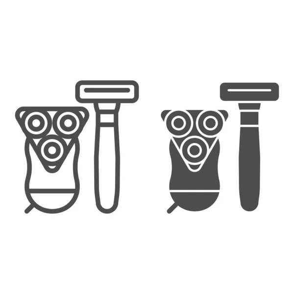 Línea de equipos de depilación e icono de glifo. Ilustración vectorial de afeitado aislada en blanco. Máquinas de afeitar eléctricas y desechables esbozan el diseño de estilo, diseñado para la web y la aplicación. Eps 10 . — Vector de stock